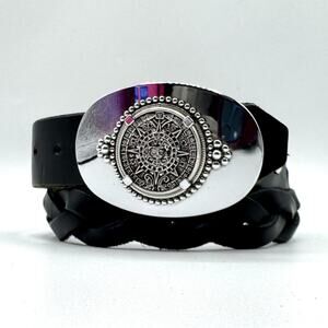 Aztec‎ Mayan Sun Dial Calendar Belt Buckle & Vtg. Braided Leather Belt 36